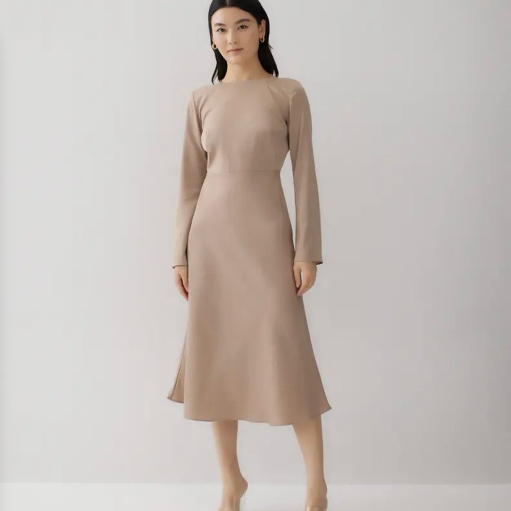 Tan Ribbed Sheath Dress with Raglan Sleeves